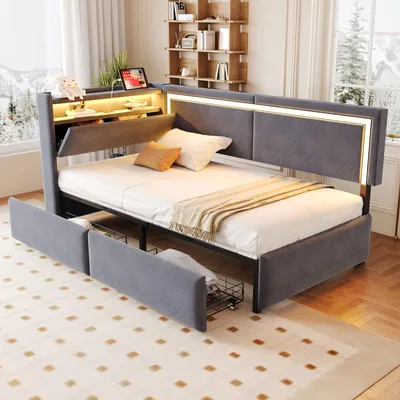 Produktbild von STILVORA Schlafsofa 90x200 cm mit Matratze Bettgestell mit LED Beleuchtung und USB Ladeanschlüssen, Polsterbett mit Stauraum Kopfteil und Schubladen, Jugendbett Samtstoff multifunktional mit Rückenlehne dunkelgrau
