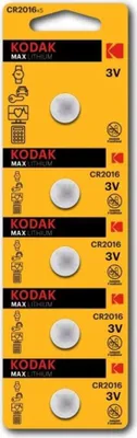 A blister pack of Kodak CR2016 lithium coin cell batteries.