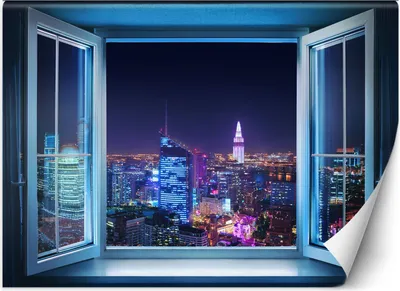 Produktbild von Vlies fototapete Blick aus dem Fenster auf die Stadt bei Nacht 300x210 cm Feeby Blau inkl. Kleber einfache Montage