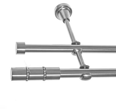 Produktbild von Gardinenstange Set Edelstahl Look Metall Ø 19mm zur Wandbefestigung 2-lauf Kristall, Länge wählbar H28 E68 E61