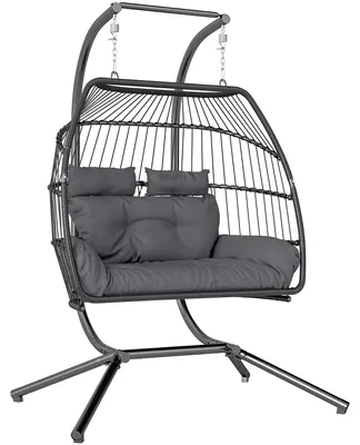 Produktbild von Hängesessel 2-Sitzer PE-Rattan faltbar, 170x100x185 cm, Dunkelgrau, 10 cm Kissen, Dreiecks-Stahlrahmen, 260 kg belastbar