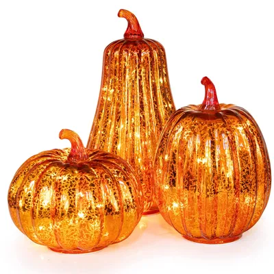 3er-Set LED-Kürbisse aus Glas mit Timer, Herbstdeko