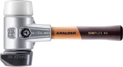 Produktbild von SIMPLEX-Schonhammer, Gummikomposition mit Standfuß / Superplastik; mit Aluminiumgehäuse und hochwertigem extra kurzen Holzstiel | D=60 mm | 3127.262