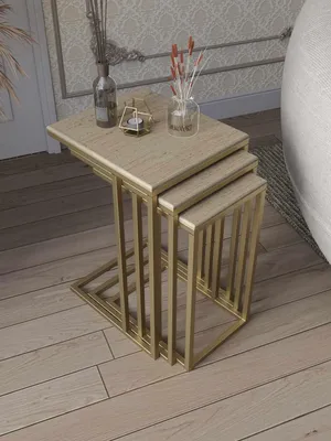 Produktbild von Skye Decor, Hochwertiger Nesting Tisch (3 Teile) - Saphir Eiche, Gold & Travertin