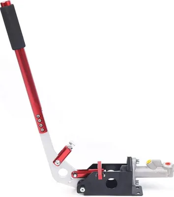 A red and silver hydraulic handbrake is shown against a white background.