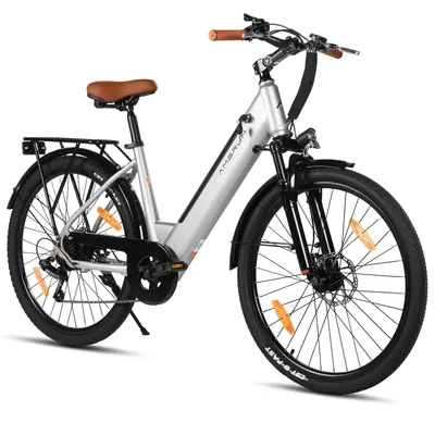 Produktbild von Hiland 26 Zoll 7-Gang 250W Elektrofahrrad für Männer und Frauen, Elektrisches Citybike mit 36V 7,8Ah Akku, mit Vorder- und Rücklicht, Grau