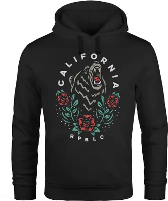 Produktbild von Hoodie Herren Kalifornien Bär Blumen Blüten Print Kapuzen-Pullover Männer Fashion Streetstyle Neverless® schwarz XL