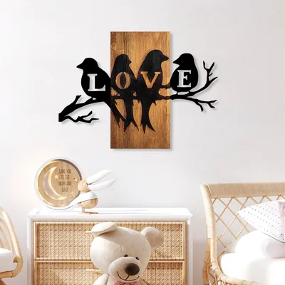 Image de Wallity, Love Birds, Accessoire mural décoratif en bois, 100 % BOIS / MÉTAL, noyer, 57 x 75 cm