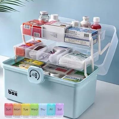 Zdjęcie produktu dla Szafka apteczna niebieska 3 poziomowa pudełko leków pojemnik 34X19X22