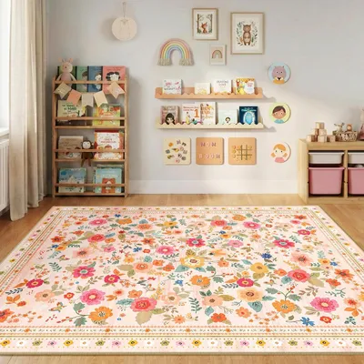 Productafbeelding van Kortpolig vloerkleed in boho-stijl, 150x210 cm, antislip, met bloemenprint, geschikt voor de woonkamer