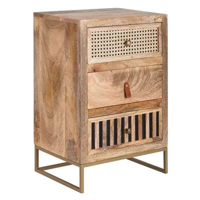A wooden nightstand with three drawers and a metal frame, shown against a white background.