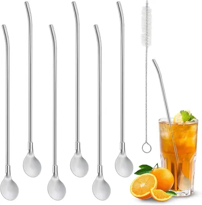 Obrázek produktu pro Nerezové brčka – sada 6 kusů – brčka na zmrzlinu s dlouhým čisticím kartáčkem – brčka s lžičkou – opakovaně použitelné – vhodné pro zmrzlinu