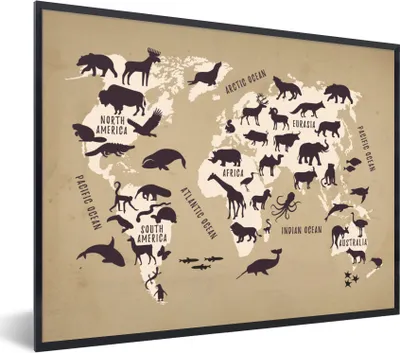 Produktbild von MuchoWow® Gerahmtes Poster Weltkarte - Tiere - Braun 80x60 cm - Poster mit Schwarzem Bilderrahmen Wandposter Rahmen Foto Bilder - Schwarzem - Mit Gestell