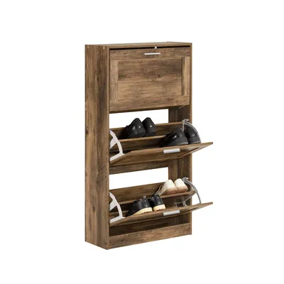 A wooden shoe cabinet with three flip-down drawers, each containing shoes.