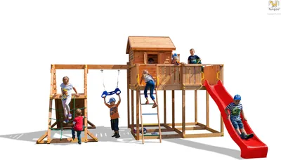 Produktbild von Fungoo Spielturm "My Space XL Spider+" teak mit Rutsche, Haus mit Holzdach, Leiter, Kletterturm und Trapez