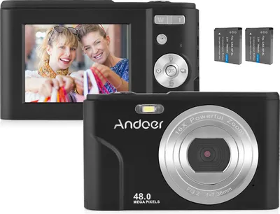 Obrázek produktu pro Andoer Přenosný digitální fotoaparát 48 MP 1080P 2,4palcový IPS displej 16x zoom Automatické ostření Samospoušť 128 GB Rozšířená paměť Detekce obličeje Ochrana proti otřesům se 2 bateriemi Poutko na ruku Pouzdro na přenášení