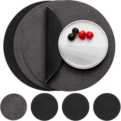 Produktbild von Tischsets Abwaschbar Lederoptik Rund Ø 36cm 4er Set Grau Schwarz