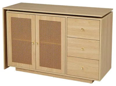 Produktbild von Schreibtisch - L-förmiger Eckschreibtisch - Computertisch - Rattantüren - Frisiertisch - Weiß - 126 cm