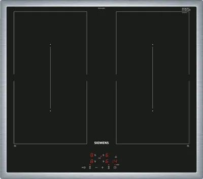 A top-down view of a black induction cooktop with silver trim.