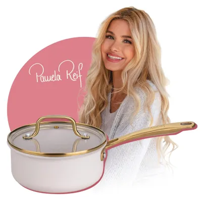 Productafbeelding van Fackelmann x Pamela Reif Signature kookpan met steel, Ø 16 cm, pastelbeige, 1200 ml, inclusief glazen deksel