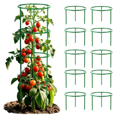 Produktbild von Tomaten Rankhilfe 10er Set, 1 Ringe D x H: 20 x 16 cm, Gurken Rankhilfe mit verstellbarer Höhe, Pflanzenstütze, Tomatenturm, Rankgitter für Tomaten, Gurken, Blumen, 60 Stück Pflanzen, Garten