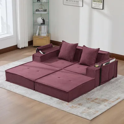 Immagine prodotto di LVHOM Divano modulare Divano a terra in velluto a coste con portabevande, divano pieghevole estraibile Divano per bambini Poltrona letto per il pisolino, divano a 2 posti, rosso vino