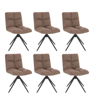 Six brown dining chairs are arranged in two rows of three against a white background.
