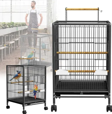 Obrázek produktu pro Voliéra pro ptáky LZQ na kolečkách 46x46x91 cm - kovová klec pro ptáky s odklopnou střechou, bidýlky, krmítky a snadno čistitelným zásobníkem na trus, pro andulky a papoušky, typ D