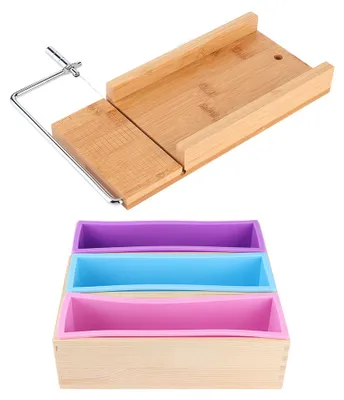 Imagen del producto de Juego de moldes de silicona para jabón – Caja de madera de 1200 ml con cortador de jabón y escala