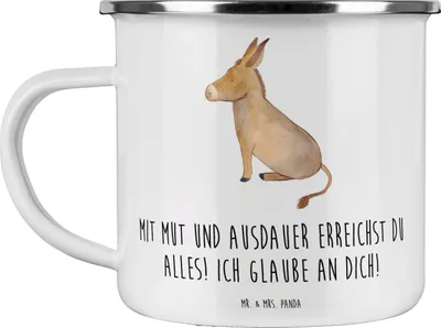 Produktbild von Mr. & Mrs. Panda Emaille Becher Sportliche Wettkämpfe Mut und Ausdauer - Weiß - Geschenk, Hoffnung, Tasse, Pott, Hindernislauf, Marathon, Trost, Teetasse, Zuversicht
