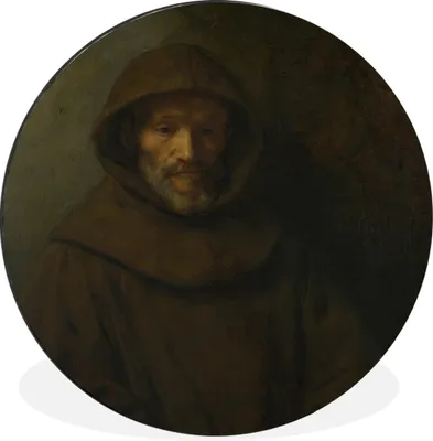 Produktbild von MuchoWow® Aluminium Wandkreis Der Franziskanermönch - Gemälde von Rembrandt van Rijn Ø 90 cm Wanddeko Modern Wohnzimmer - Mauerkreis - Wandbilder - Runde Bild - Bild aus Aluminium - Schlafzimmer - Wohnzimmerdekoration - Wand Dekoration
