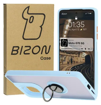 A product shot of a phone case and its packaging, with a phone displaying product information.