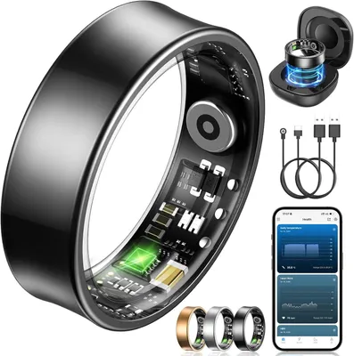 Image de Bague connectée Fitnessring avec mesure de la fréquence cardiaque, SpO2, plus de 170 modes sportifs, taille 7, étanche 5ATM, compatible Android
