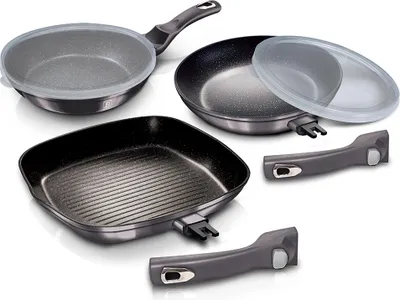 Produktbild von Berlinger Haus Carbon Pro Bratpfannenset + Grillpfanne 20-24-28 cm Induktion, Antihaft, Abnehmbare Griffe Dunkelgrau