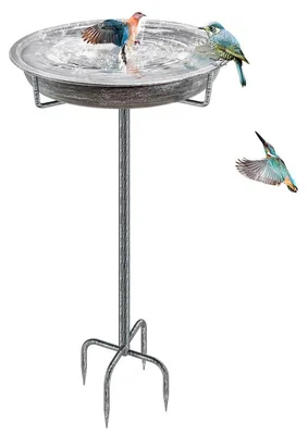 Zdjęcie produktu dla Pojemnik na wodę dla ptaków, stojący, metalowy, styl retro, srebrny, 92x27 cm, odporny na mróz, kąpielisko dla ptaków, podajnik na pokarm, dekoracja do ogrodu