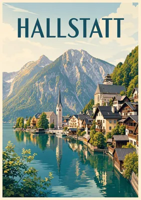 Produktbild von Hallstätter See Poster DIN A2 – moderne Illustration mit See, Bergen und Reiseplakat-Stil, matt auf Ilford Papier gedruckt