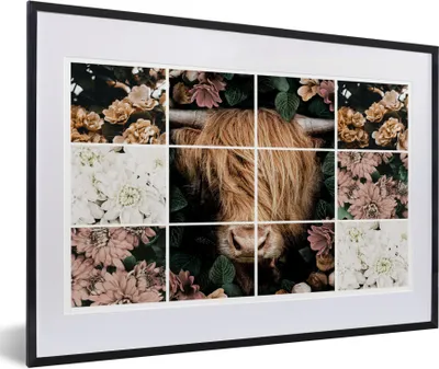 Produktbild von MuchoWow® MuchoWow® Gerahmtes Poster Collage - Schottisches Hochlandrind - Blumen 60x40 cm - Poster mit zchwarzem Bilderrahmen - Schlafzimmer - Plakat in Rahmen - Drucken