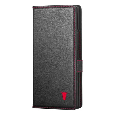 A black leather phone case with red stitching and a red bull logo.
