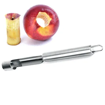 An apple corer tool is shown next to a cored apple and apple peelings.