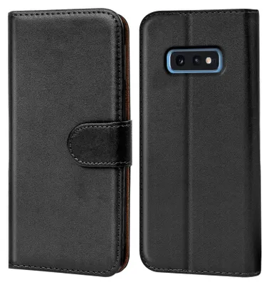A black flip case for a Samsung Galaxy S10e is shown from the front and back.