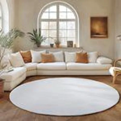 A living room scene with a sectional sofa, a round rug, and a large arched window.