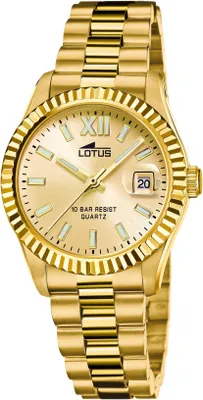 A close-up studio shot of a gold-colored women's wristwatch.