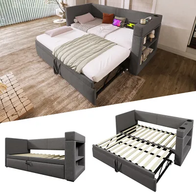 Produktbild von Flieks Polsterbett 90x200cm mit Ladefunktion & Getränkehalter, Tagesbett Schlafsofa mit Ausziehbett und Stauraum, Daybed Jugendbett Baumwolle, Grau