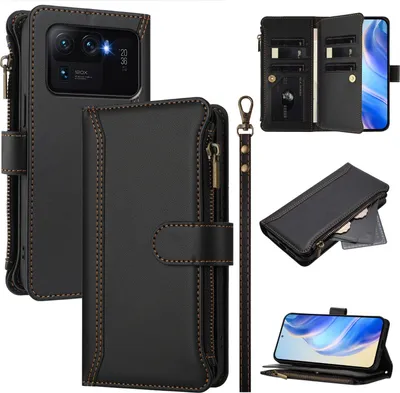 Image de Etui pour Xiaomi Mi 11 Ultra, zippé, étui portefeuille en cuirPolyuréthaneavec pochettes pour cartes, support et dragonne noir