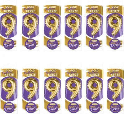 Produktbild von Backdecor 12 Wachskerzen gold in Ballon Form mit der Nr. 9 für festliche Tortendekorationen