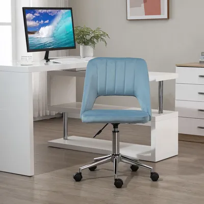 Produktbild von Bürostuhl Samtoptik Blau, Schminkstuhl Schreibtischstuhl höhenverstellbar, Drehstuhl ohne Armlehne, Muschelform | 49x60x91 cm | 120 kg | Gasdruckfeder