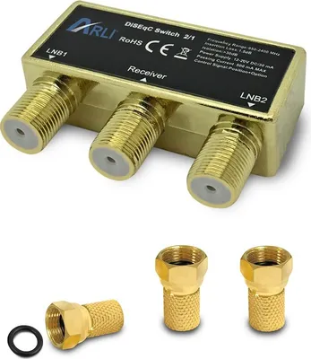 Produktbild von ARLI DiSEqC Schalter 2/1 vergoldet + 3x F-Stecker | Umschalter für 2 LNBs mit Wetterschutzgehäuse | DVB-S2 4K UHD HDTV
