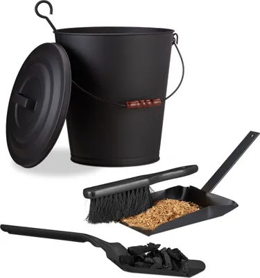 Produktbild von 3 tlg. Kaminreinigungs-Set, Ascheeimer mit Deckel, Kohlenschaufel flach, Kehrgarnitur Stahl, 24 Liter, Henkel, schwarz