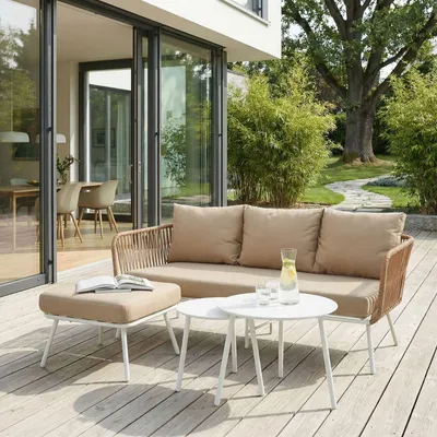 Produktbild von Gartenlounge MYKONOS, weiß/beige - Balkon Lounge Sofa mit Dreisitzer, Hocker & Beistelltisch, wasserabweisende Kissen, wetterfest für Balkon und Terrasse