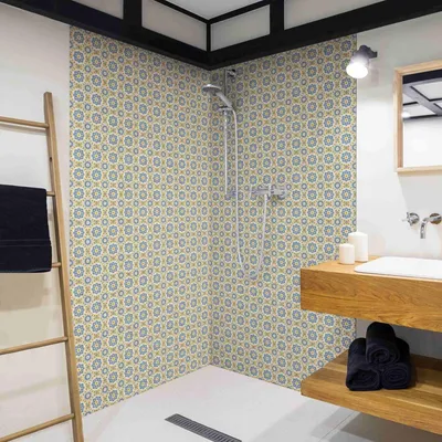 Produktbild von Duschrückwand mit Motiv selbstklebend - 0.35 mm Wandpaneel wasserfest Design gelb Fliesenoptik Illustration Badrückwand fugenlos  Smart matt 80x210 cm